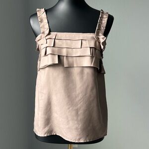 J. Crew Ruffled taupe brown silk pleated ruffle tank blouse